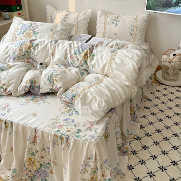 Charming Floral Princess Ruffles and Lace Cotton Bedding Set